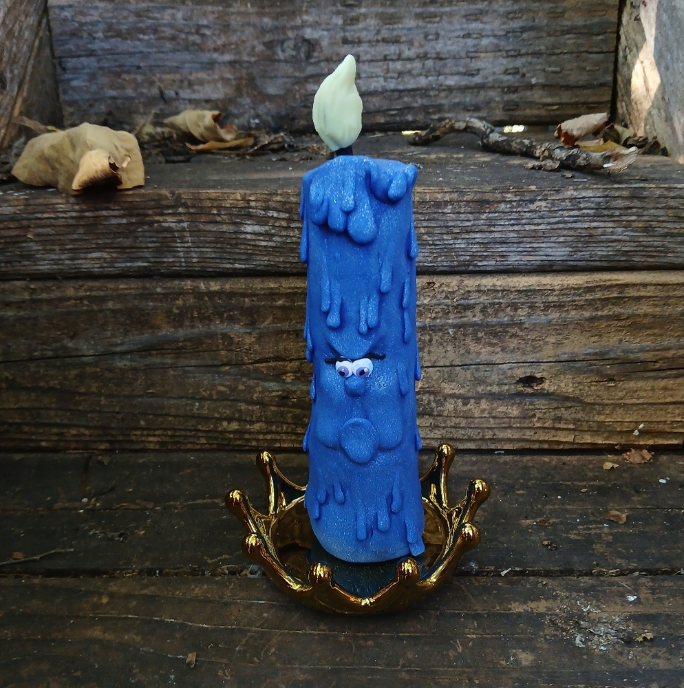 Blue Drip Candle with Gold Holder
